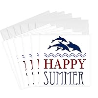 3dRose Blue Swimming Dolphins with Words Happy Summer - Greeting Cards, 6 x 6