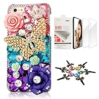 STENES Bling Case Compatible with iPhone 14 Pro Max Case - Stylish - 3D Handmade [Sparkle Series] Butterfly Crown Rose Flowers Design Cover with Screen Protector [2 Pack] - Colorful