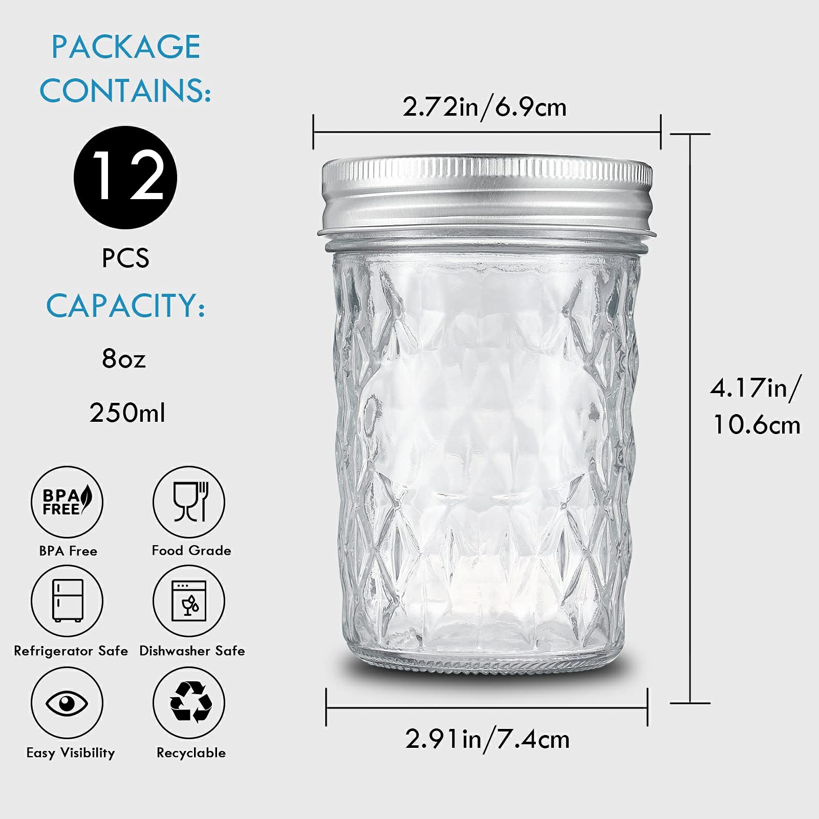 YEBODA 12 Pack Mason Jars 8 oz Glass Jars with Lids and Bands Canning Jars Ideal for Preserving, Jam, Honey, Jelly, Wedding Favors, Shower Favors, Sauces, Yogurt, DIY Spice Jars