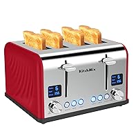 Toaster 4 Slice, KitchMix Bagel Stainless Toaster with LCD Timer, Extra Wide Slots, Dual Screen, Removal Crumb Tray (Red)