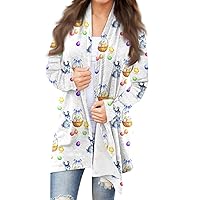 Plus Size Easter Cardigan For Women,Women'S Long Sleeve Easter Egg And Bunny Printed Jacket Crew Neck Trendy Cardigan