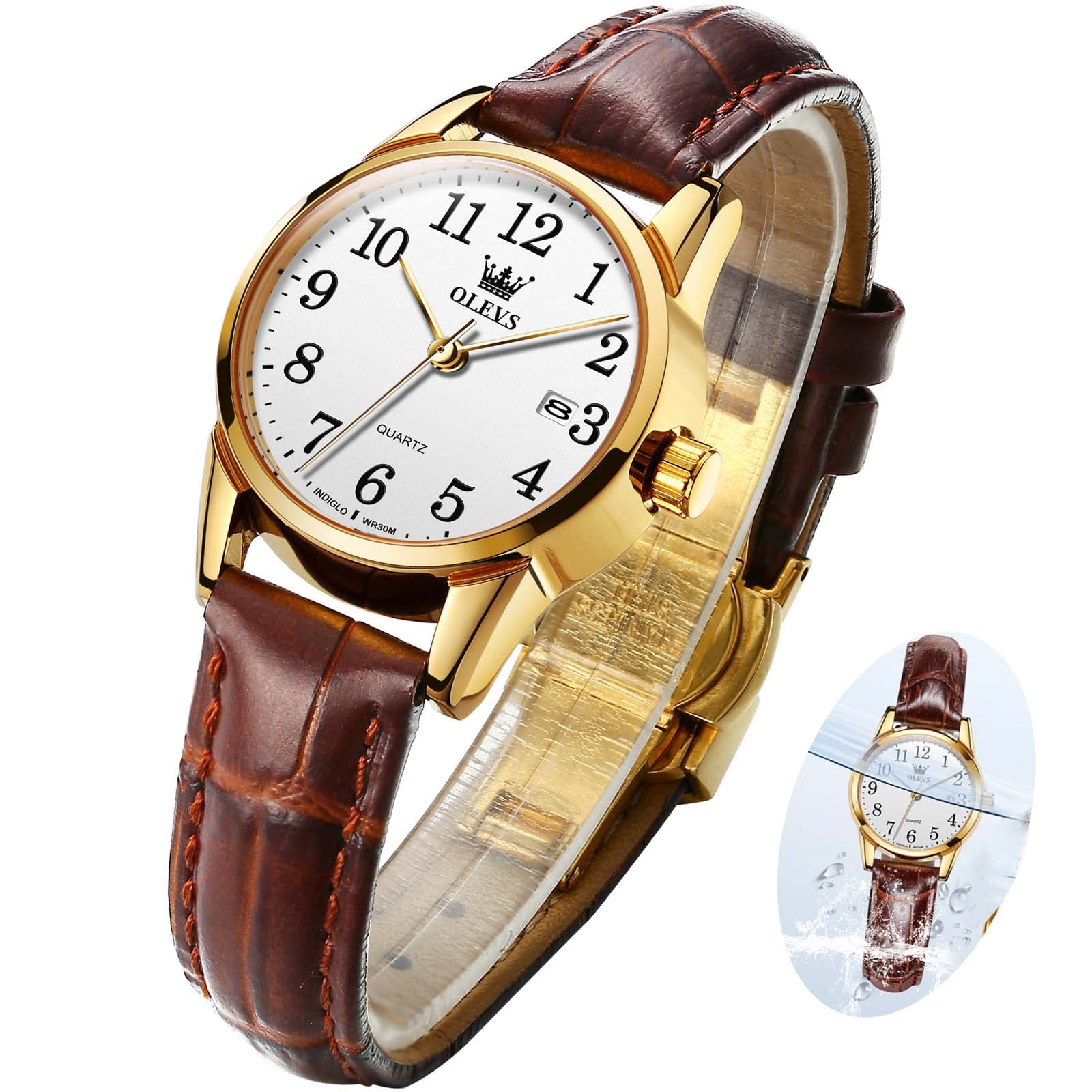 OLEVS Elegant Women's Watch Brown Leather Watches for Women Fashion Dress Women Watch Waterproof Quartz Female Wristwatch Retro Watch for Wome