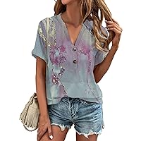Womens Tops Printed Tshirts for Women Women's Short Sleeved T-Shirt Summer Button V-Neck Top Loose T-Shirt Top