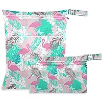 visesunny Tropical Palm Leaf Flamingo 2Pcs Wet Bag with Zippered Pockets Washable Reusable Roomy for Travel,Beach,Pool,Daycare,Stroller,Diapers,Dirty Gym Clothes, Wet Swimsuits, Toiletries