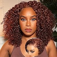 12inch Curly Glueless Wigs Human Hair 7X5 Bye Bye Knots Wear and Go Bob Wig with Reddish Brown,Pre Plucked Pre Cut HD Lace Short Curly Wig for Women 150% Density 34B Color