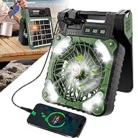 4 Speeds Solar Battery Operated Fan for Camping, 10000mAh Portable Rechargeable Desk Fan with LED Light & Timing Function, Folding USB Charger Port Camping Fan Power Bank for Home Office Car Outdoor