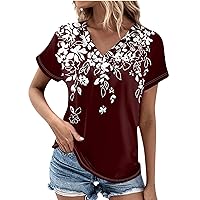 V Neck T Shirts for Women Fashion Floral Button Down Short Sleeve Tees Spring Summer Casual Going Out Tops Tunic 2024