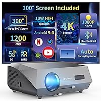 Auto Focus Projector 4K Daylight,1200ANSI High Lumen Native 1080P Gaming Projector WIFI6 HDR,Ultra HD Smart Android 2+16G Home Theater Video Proyector Bluetooth Auto Keystone Apps HDMI PS5 Support