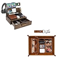 PU Leather Tray and Keychain Desktop Storage Wood Phone Docking Station with Drawer Nightstand Organizer for Men, Anniversary Birthday Gift Ideas for Husband Him from Wife Stocking Stuffers