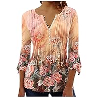 Womens Shirts, Color Block Tunic Tops for Women Floral Print Crewneck Casual Blouse Buttons Pleated Short Sleeve Loose