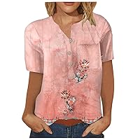 Women's 2023 Summer Casual Comfy Blouse Tops Retro Floral Print Single Breasted Short Sleeved Shirt with Pockets