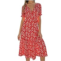 Womens Summer Floral Midi Dresses Sexy Split Sundress Cottagecore Ruffle Short Sleeve V Neck Long Chiffon Dress