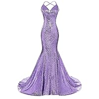 DYS Women's Sequins Mermaid Prom Dress Spaghetti Straps V Neck Backless Gowns Lavender US 4