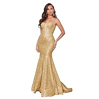 Sparkly Prom Dresses Corset Mermaid Sequin Glitter Long Formal Party Gowns Sexy Spaghetti Straps Dress for Women Gold US2