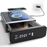 Biometric Gun Safe with LED Clock, DOJ Pistol Safe with 2-in-1 Watch & Phone Wireless Charging, Backlit Keypad, LED Light, Security Cable, Auto Pop-up Unlock