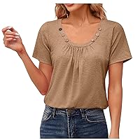 Women Scoop Neck T Shirt Summer Ruched Casual Tops Loose Fit Cozy Basic Tee Plain Short Sleeve Stylish Blouses