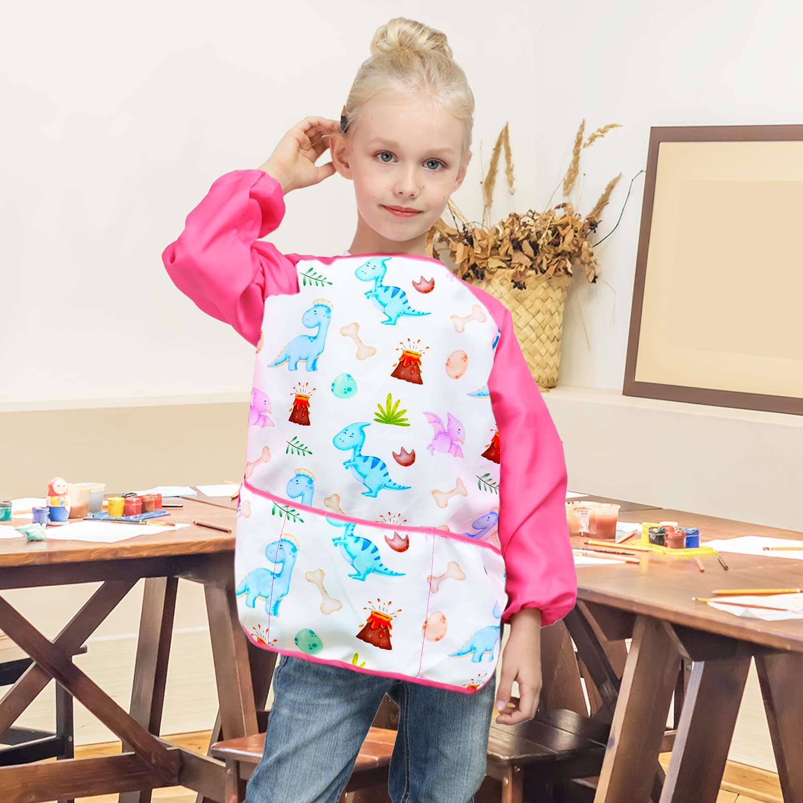 PAMAID 2 Pack Kids Art Smock Waterproof Artist Painting Aprons with 3 Pockets, Toddler Smock for Age 3-8 Years
