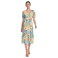 Maggy London Women's Trimmed V-Neck Midi with Double Elastic Waistband and Tiered Hem