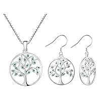 YL Tree of Life Pendant Necklace 925 Sterling Silver Created Emerald Dangle Earrings Round Gemstone Family Giving Jewelry Set