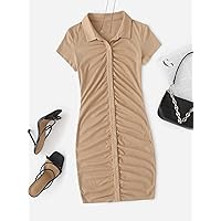 Summer Dresses for Women 2022 Collared Buttoned Front Rib-Knit Dress Dresses for Women (Color : Khaki, Size : X-Large)
