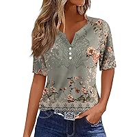 Women's Summer Casual Printed Button Round Neck Short Sleeve Top Basic Summer T-Shirt 2024