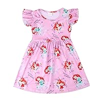 Toddler Girls Princess Dress Cartoon Print Pink Dress Ruffle Bottom Summer Flutter Sleeves Outfits 2-8Y