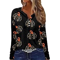 Fashion for Women 2023 Trendy T Shirt Tee Button Halloween Print Long Sleeve Daily Weekend Fashion Basic V-Neck Top