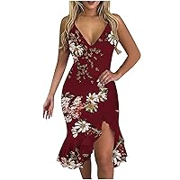XJYIOEWT Dresses for Women 2024 Sexy Casual, Womens Dress Sleeveless V Neck Spaghetti Strap Casual Summer Floral Split