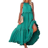 Lounge Autumn Tiered Dress Ladies Pub Sleeveless Cami Super Soft Tunic Dress O-Neck Loose Polyester Solid Turquoise L