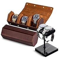 Genuine Leather Watch (Brown/Brown) and Watch Stand (Black/Black/Black)
