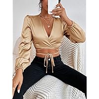 Women's Tops Women's Shirts Sexy Tops for Women Lantern Sleeve Wrap Knot Front Crop Satin Blouse (Color : Gold, Size : XX-Small)
