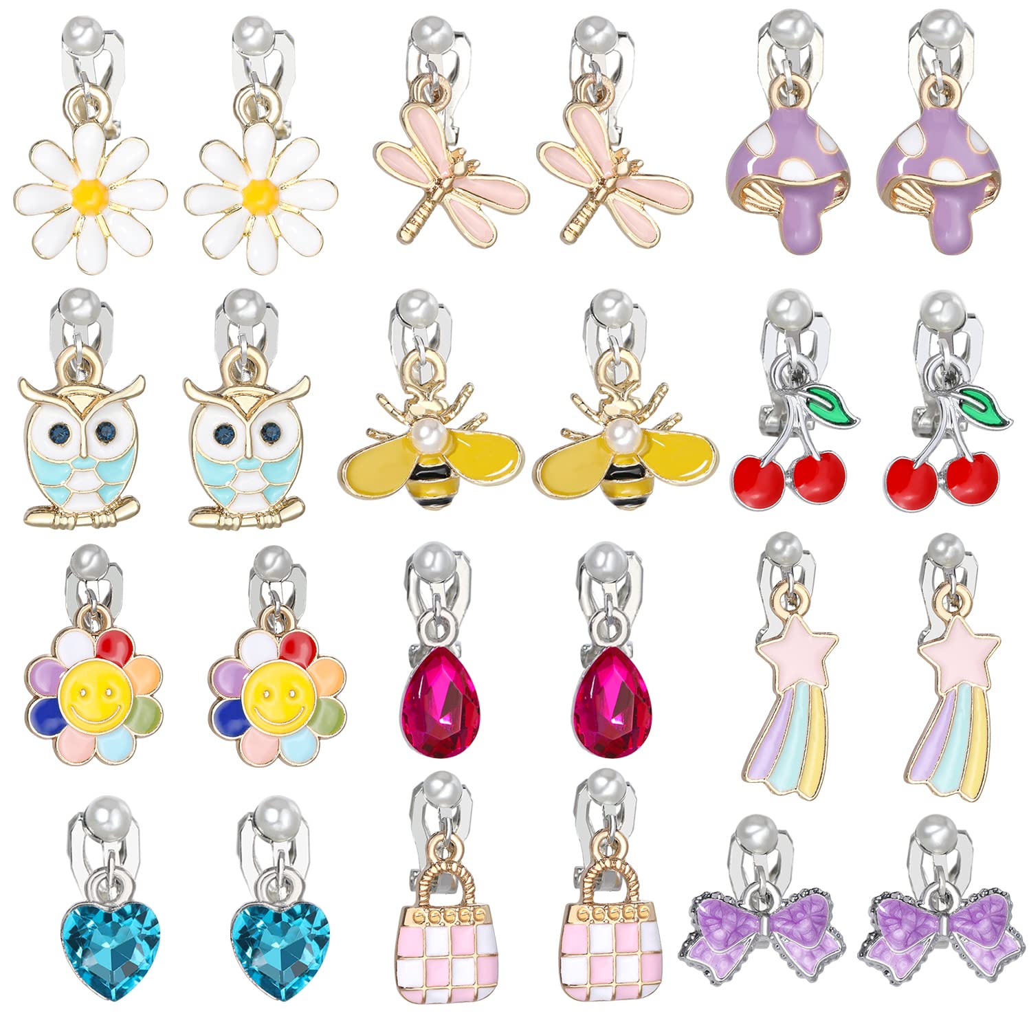 PinkSheep Clip On Earrings for Little Girls Kids Jewelry 12 Pairs Gift for 4/5/6/7/9/10 Years Old Unicorn Cat Flower Earring (classic)