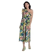 Donna Morgan womens Bold Floral Printed Midi Dress With Ruffle One ShoulderDress
