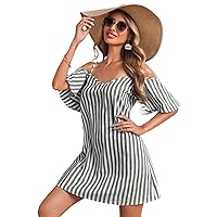 Summer Dress for Women Cold Shoulder Striped Tunic Dresses