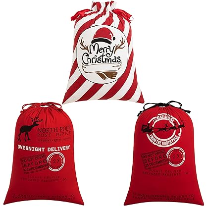 HBlife 3 Pack Canvas Santa Sack, 19.7 X 27.6 Inch Large Santa Bags for Gifts, Personalized Christmas Sacks for Presents with Drawstring, 3 Pack C