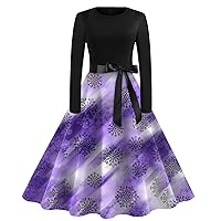 Women's Holiday Dresses Christmas Vintage Classic Dress Neck Waist Bow Tie Long Sleeves Printed Round Dress, S-2XL