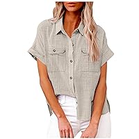 Linen Button Down Shirt Women Comfy Cotton Short Sleeve Blouses with Pocket V Neck Collared Button Up Summer Beach Tops