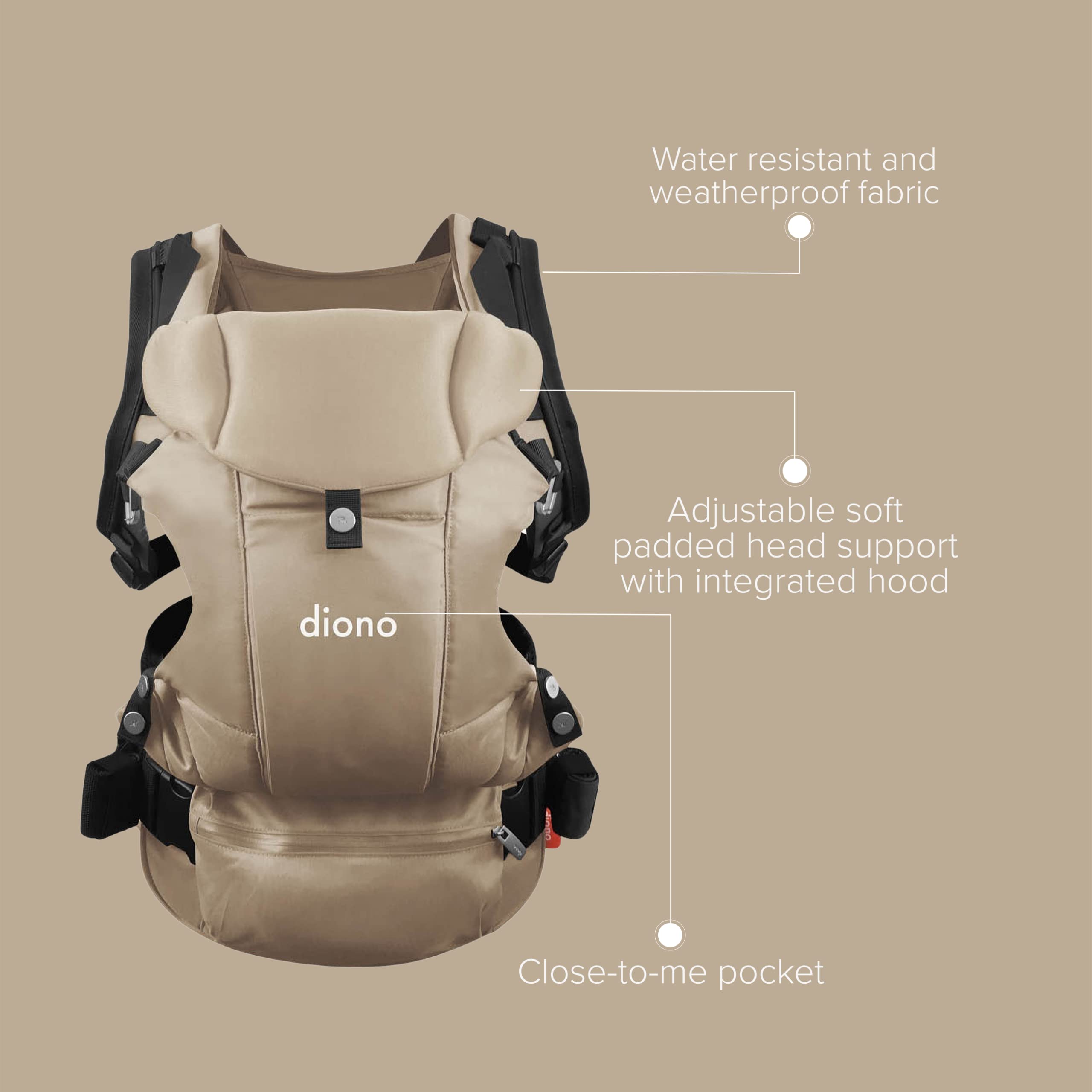 Diono Carus Essentials 3-in-1 Baby Carrier, Front Carry & Back Carry, Newborn to Toddler up to 33 lb / 15 kg, Easy to Wear Comfortable & Ergonomic, Sand
