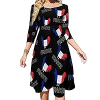 French Le Coq Gaulois Midi Dresses for Women Tie Flared A-Line Swing 3/4 Sleeves Cute Sundress