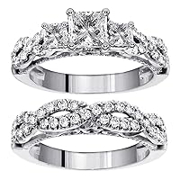 2.01 CT TW GIA Certified 3-Stone Princess Cut Diamond Engagement Bridal Ring Set in 14k White Gold Braided Setting