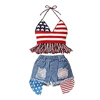 Baby Girl 4th of July Outfits USA Flag Knit Sleeveless Halter Fringe Crop Top Ripped Denim Shorts Set Summer Clothes