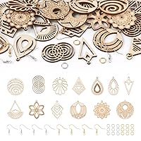 26pcs Wooden Earring Charms Unfinished Natural Wood Filigree Pendants in Teardrop & Kite & Flower & Rhombus & Triangle Shape with Earring Hooks & Jump Rings for Boho Earring DIY Jewelry Making