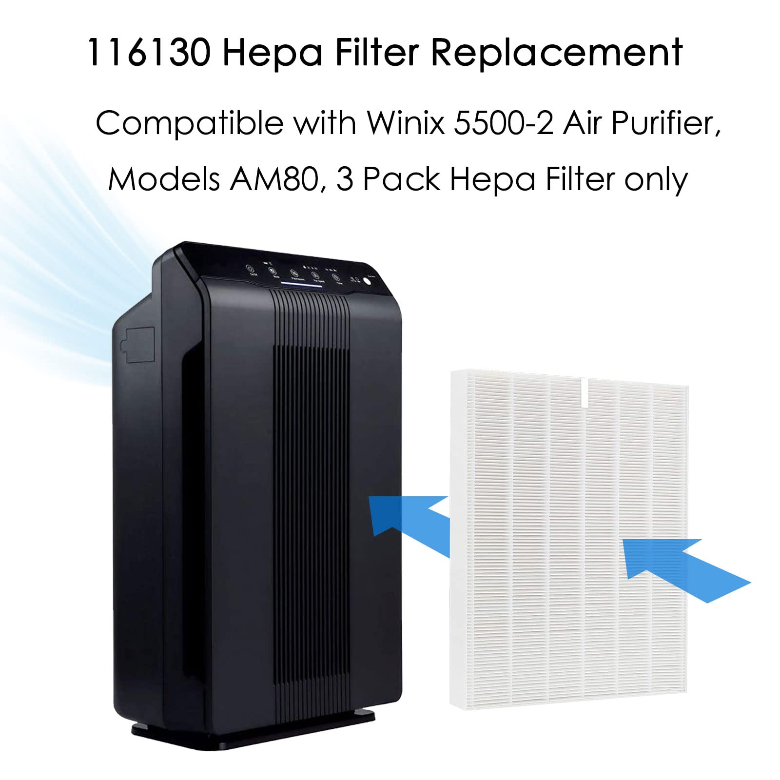 116130 Replacement Filter H True HEPA Compatible with Winix 5500-2 and AM80 Air Purifier, 3 Pack HEPA Filter Only