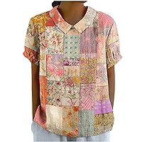 Sweet Peter Pan Collar Blouse Womens Floral Plaid Short Sleeve Keyhole Back Shirts Summer Preppy Casual Tee Tops