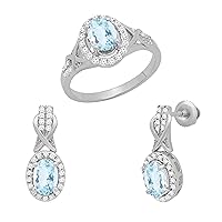 Dazzlingrock Collection Oval Aquamarine & Round White Diamond Halo Style Ring & Drop Earrings Set for Women in 10K White Gold