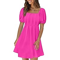 XIEERDUO Womens Square Neck Chest Pleated A-Line Dress Casual Back Smocked Puff Sleeve Mini Dresses