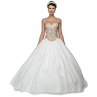Dancing Queen Women’s Gorgeous White and Champaign Embroidered Quinceanera Dress- Ladies Wedding Evening Party Pretty Ball Gown Princess Dresses - Long & Sleeveless UK … (M, White)