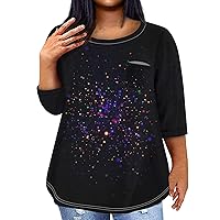 Plus Size Womens Plus Size Tops for Women 2024 Sparkly Casual Fashion Loose Fit Trendy with 3/4 Length Sleeve Round Neck Shirts Dark Purple 3X-Large
