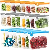 Dishwasher Safe Reusable Storage Bags Stand Up - BPA Free PEVE Reusable Sandwich Bags - Leakproof Gallon Freezer Bags, Silicone Food Storage Bags (Multicolor (8 Gallon + 8 Sandwich + 8 Snack))