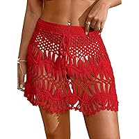 MakeMeChic Women's Crochet Drawstring Knitted High Waisted Swimsuit Mini Cover Up Beach Skirt